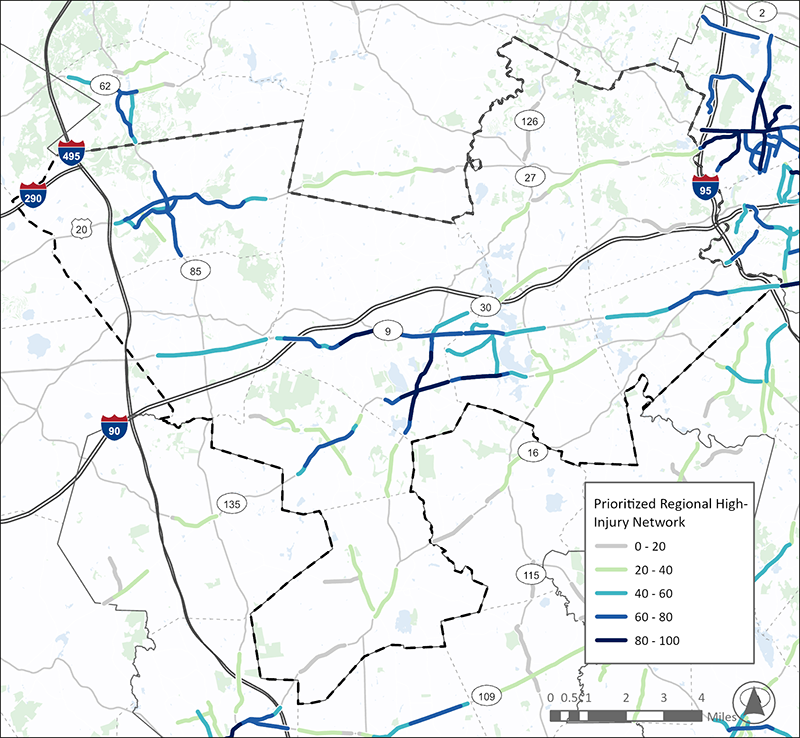 A map of the MetroWest Regional Collaborative (MetroWest) Subregion, consisting of communities to the immediate west of Boston. A Prioritized Regional High Injury Network, consisting of highlighted highest-scoring roadway segments, is overlayed on the map. This area has high-scoring segments in Marlborough, Framingham, and Wellesley.